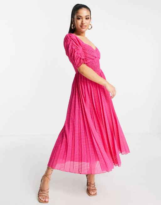 hot pink chevron dress ASOS DESIGN Petite ruched front pleated midi with shirred waist in texture in colour:beige