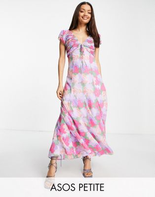 ASOS DESIGN Petite ruched maxi dress with tie detail in bold floral print
