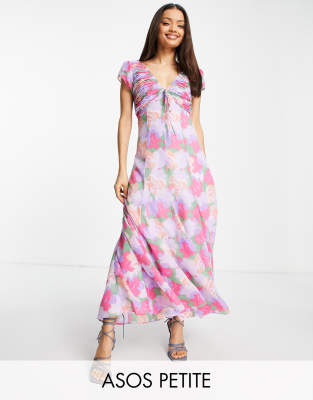 ASOS DESIGN Petite ruched maxi dress with tie detail in bold floral print