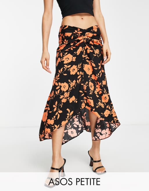 ASOS DESIGN Petite ruched midi skirt in pop orange floral print