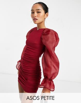 ASOS DESIGN Petite ruched organza sleeve mini dress in oxblood-Multi