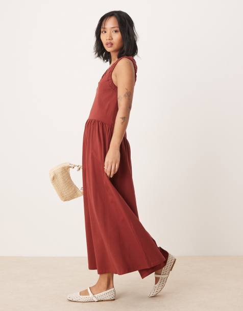 ASOS DESIGN Petite ruched scoop smock midi dress in rust - view 1