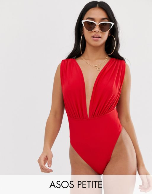 ASOS DESIGN petite ruched shoulder deep plunge swimsuit in red