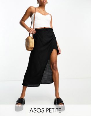 Asos Petite Asos Design Petite Ruched Side Midi Skirt In Black