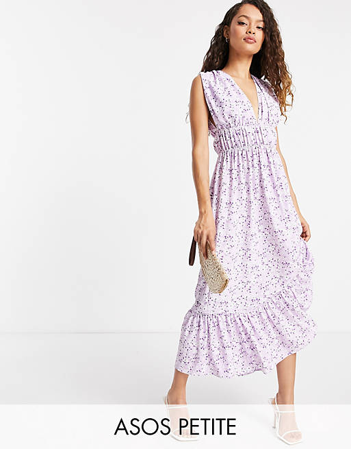 ASOS DESIGN Petite ruched waist midi tea dress in lilac floral print