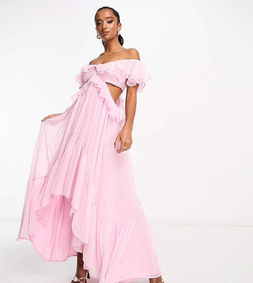ASOS DESIGN Petite ruffle cut out off the shoulder maxi dress with hi low hem in baby pink