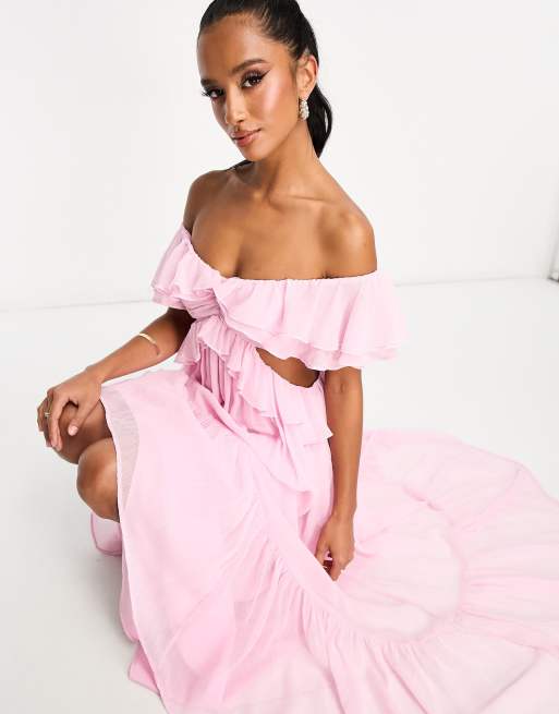 Asos pink off shop the shoulder dress