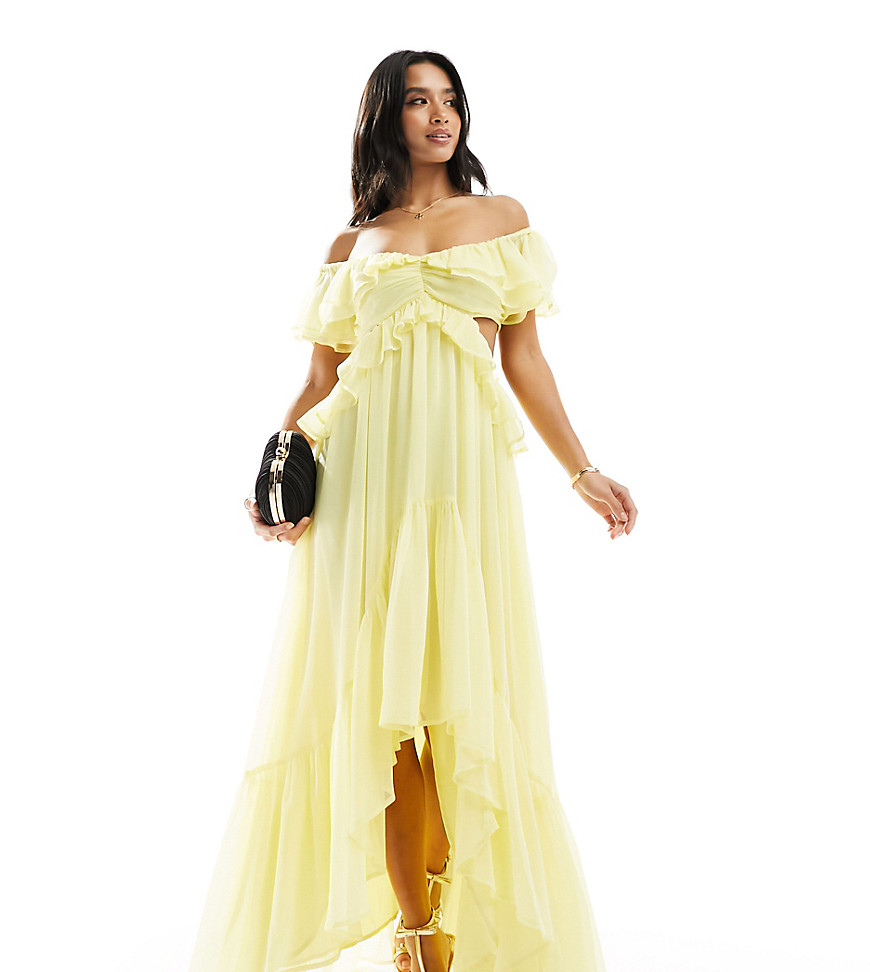 ASOS DESIGN Petite ruffle cut out off the shoulder maxi dress with hi low hem in pastel yellow