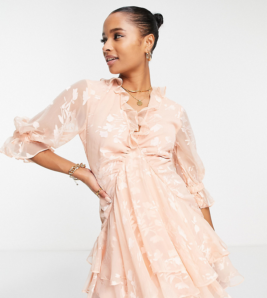 Asos Petite Asos Design Petite Ruffle Detail Mini Dress With Godet Layered Skirt In Satin Floral In Pink-multi