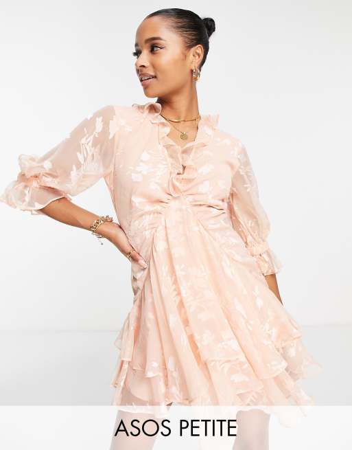 ASOS DESIGN Petite ruffle detail mini dress with godet layered skirt in satin floral in pink