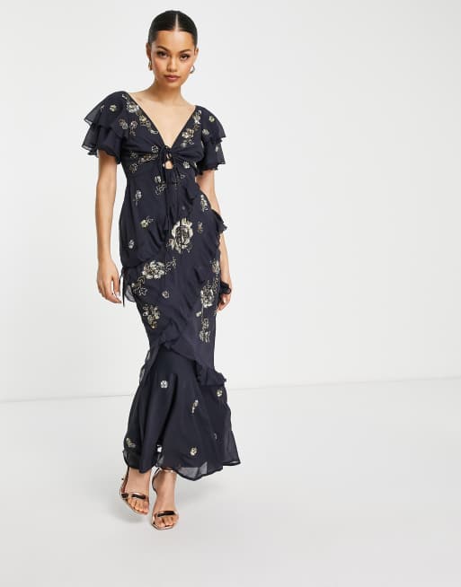 Asos design dipped hem maxi dress with 3d embellishment and ruffle outlet sleeve