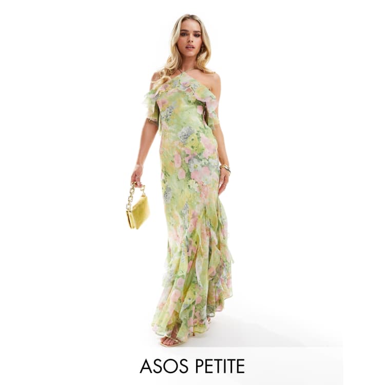 asos green ruffle dress DESIGN Petite halter bias maxi with ruffle hem in floral print SID-SEAFOAM