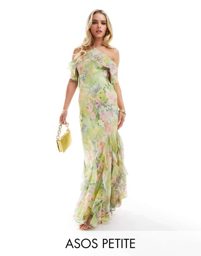 ASOS DESIGN Petite ruffle halter bias maxi dress with ruffle hem in green floral print