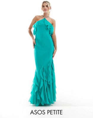ASOS DESIGN Petite ruffle halter bias maxi dress with ruffle hem in turquoise