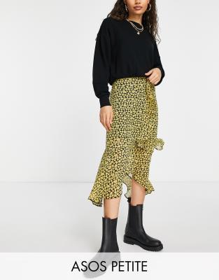 Asos Design Petite Ruffle Midi Skirt In Ochre Floral Print-multi In Multi