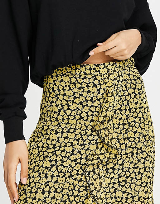 Women Petite ruffle midi skirt in ochre floral print 
