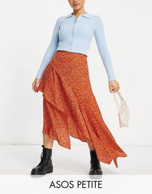 ASOS DESIGN Petite ruffle midi skirt in orange non print