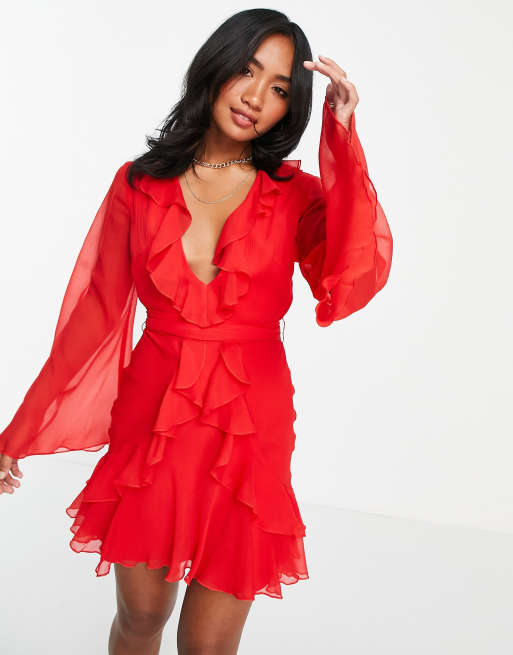 Red ruffle hot sale sleeve dress