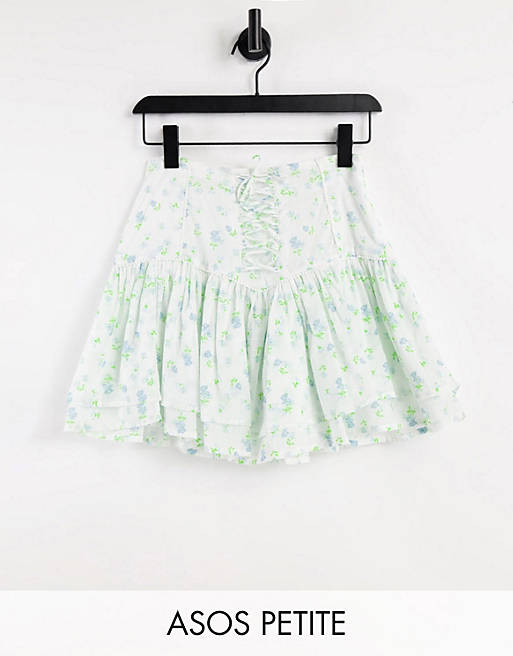 ASOS DESIGN Petite ruffle mini skirt with lace up detail in floral print