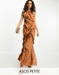 ASOS DESIGN Petite ruffle satin mix racer neck maxi dress in rust-Brown