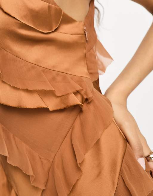 ASOS DESIGN Petite ruffle satin mix racer neck maxi dress in rust, 2 of 4