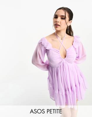 ASOS DESIGN Petite ruffle shoulder mini off the shoulder smock dress with tie neck detail in lilac-Purple