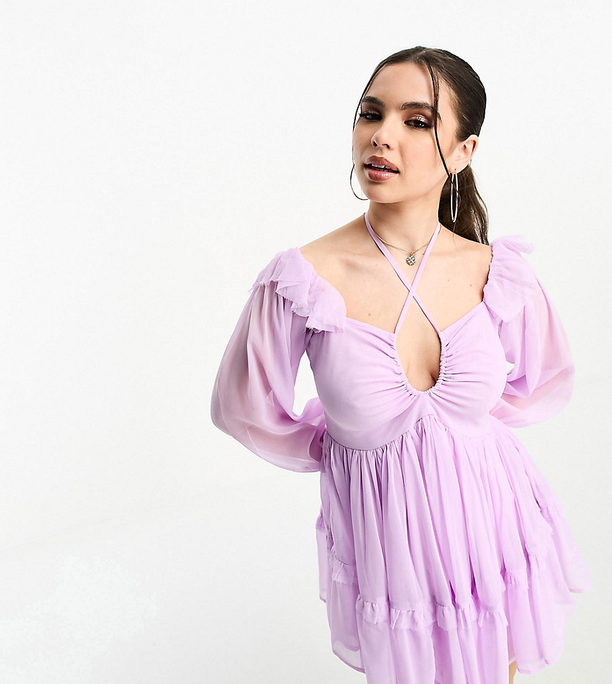 ASOS DESIGN Petite ruffle shoulder mini off the shoulder smock dress with tie neck detail in lilac-P