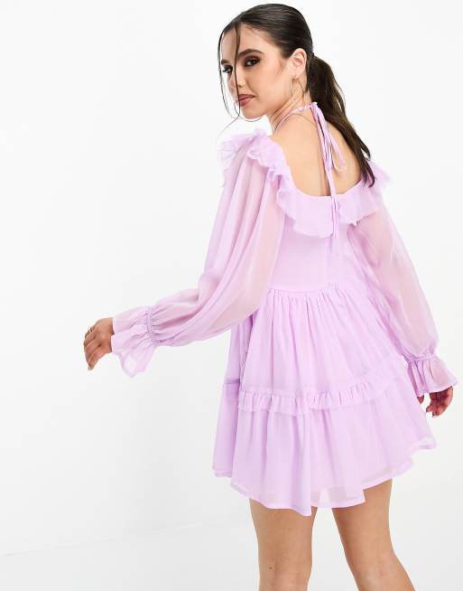 ASOS DESIGN Petite ruffle shoulder mini off the shoulder smock dress with tie neck detail in lilac ASOS