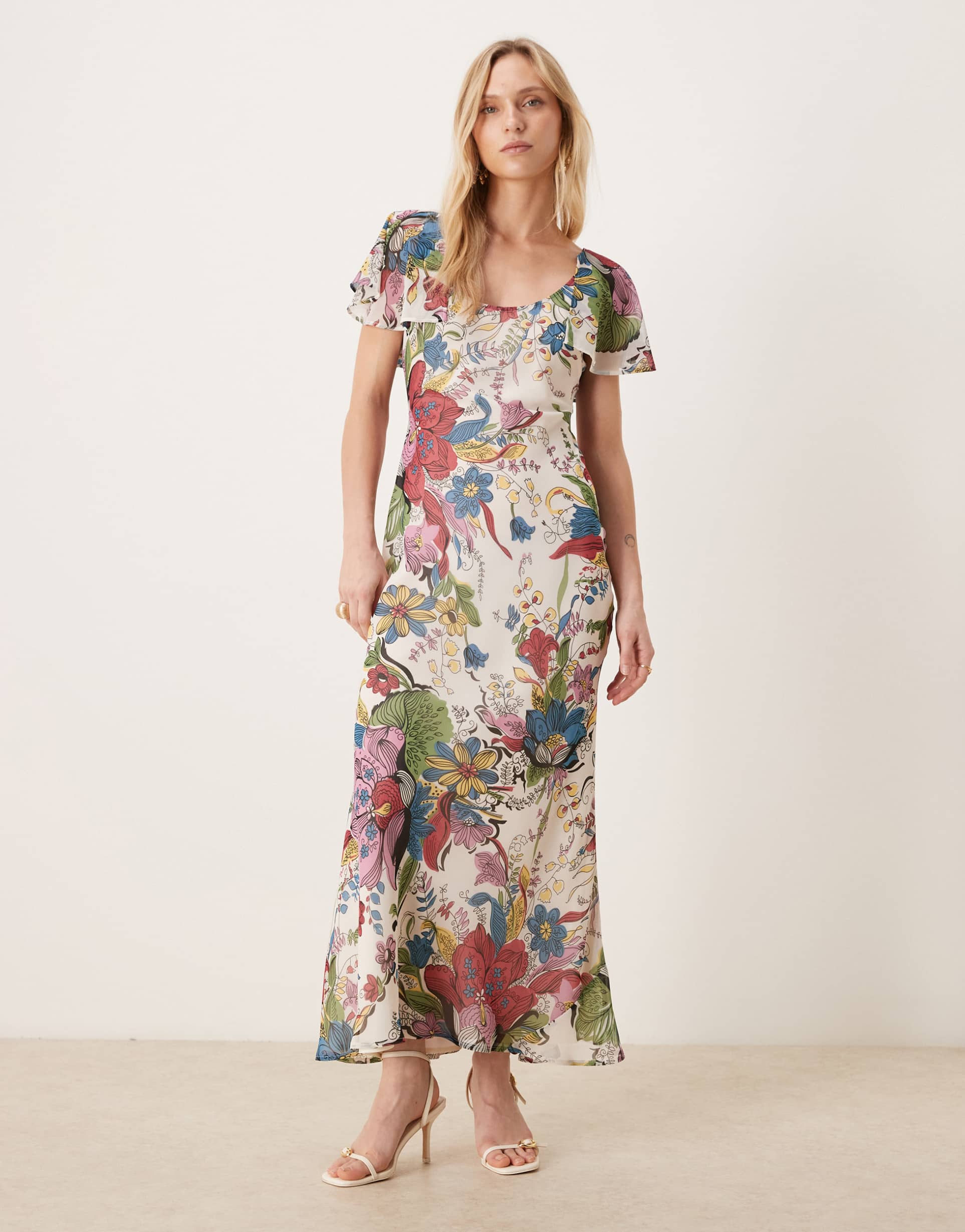 asos design petite ruffle sleeve scoop neck bias cut maxi dress in paisley print