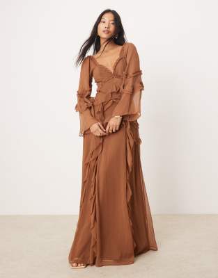 ASOS DESIGN Petite ruffle V-neck long sleeve maxi dress in brown