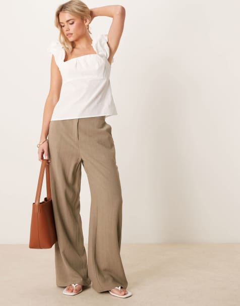 ASOS DESIGN Petite - Ruimvallende broek met linnen en rechte pijpen in kaki - view 1