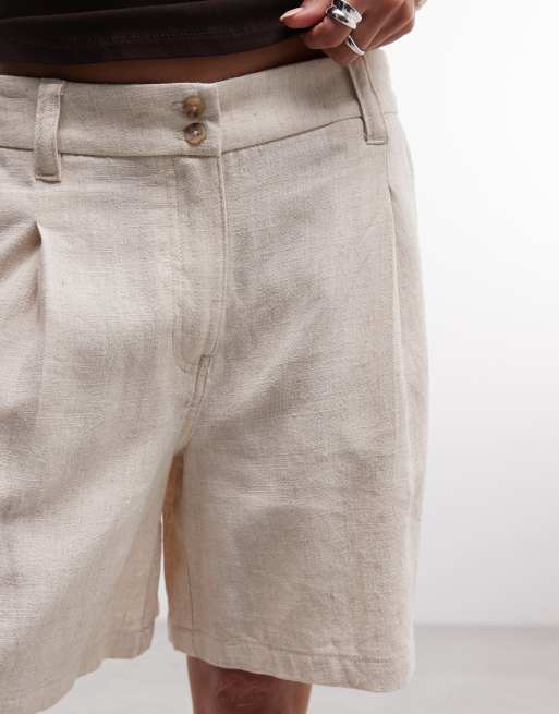 ASOS DESIGN Petite - Ruimvallende dad short met linnen in naturel, 3 van 5