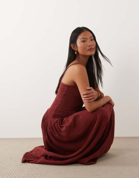 ASOS DESIGN Petite - Rustbrun cami-midikjole med bindebånd på ryggen og asymmetrisk talje i krølstof - view 1