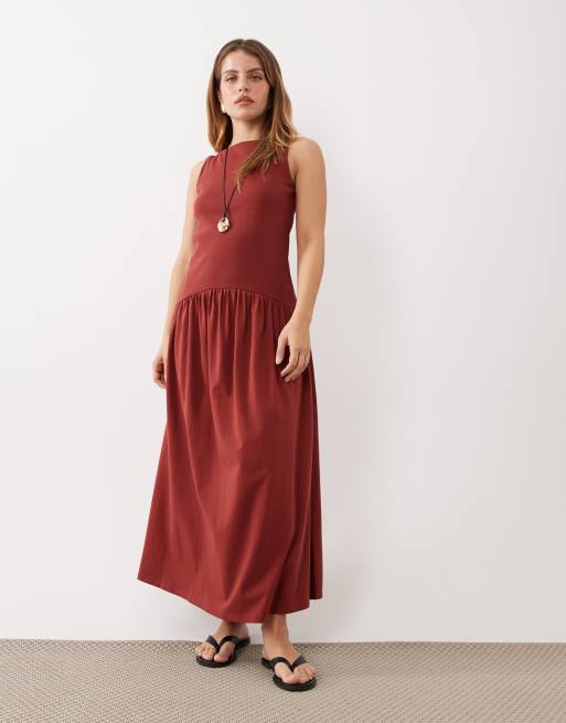 ASOS DESIGN Petite - Rustbrun midikjole med sænket talje i ribstrikket blanding, 2 af 4