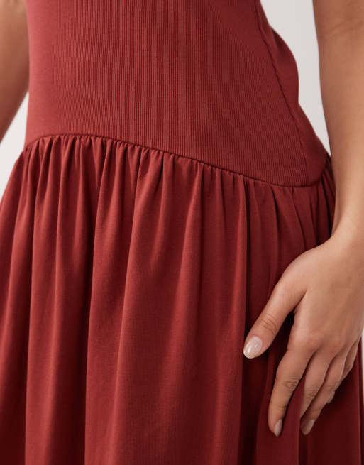 ASOS DESIGN Petite - Rustbrun midikjole med sænket talje i ribstrikket blanding, 4 af 4