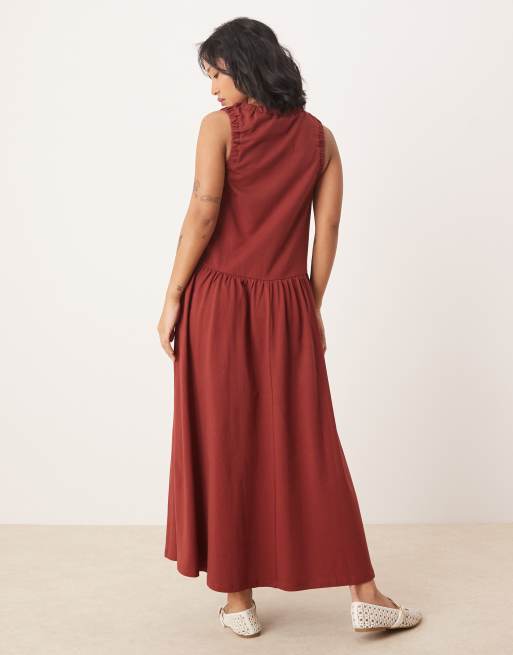 ASOS DESIGN Petite - Rustrød smock-midikjole med rynker og dyb rund hals, 4 af 4