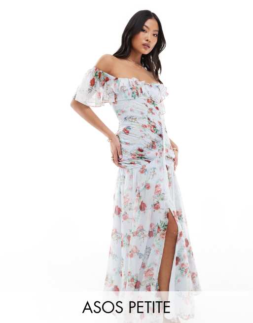 ASOS DESIGN Petite - Rynket bardot-kjole med flæser og blomstermønster i blå