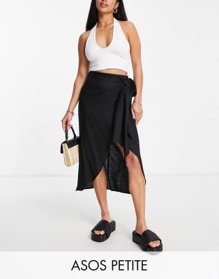 Asos Petite Asos Design Petite Sarong Wrap Midi Skirt In Black