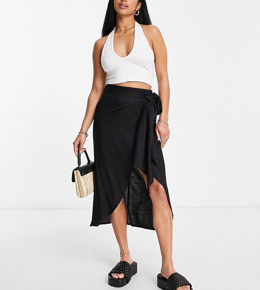 Asos Petite Asos Design Petite Sarong Wrap Midi Skirt In Black