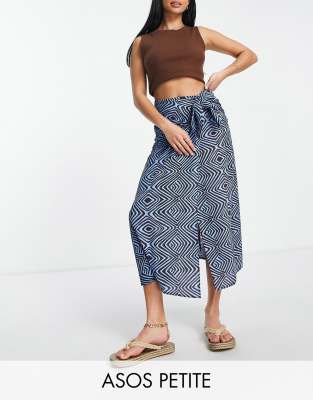 Asos Design Petite Sarong Wrap Midi Skirt In Geo Print-multi