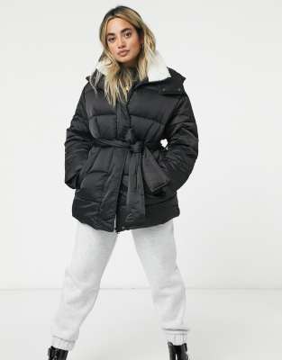 black collared belted puffer jacket