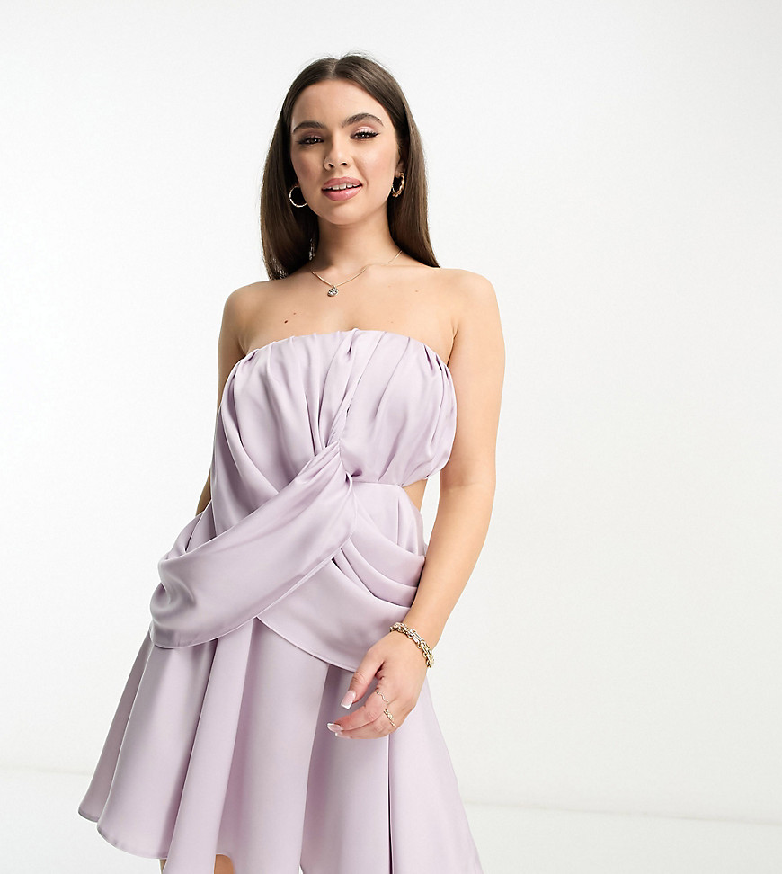 ASOS DESIGN Petite satin bandeau drape twist mini dress with cut out detail in lilac-Purple