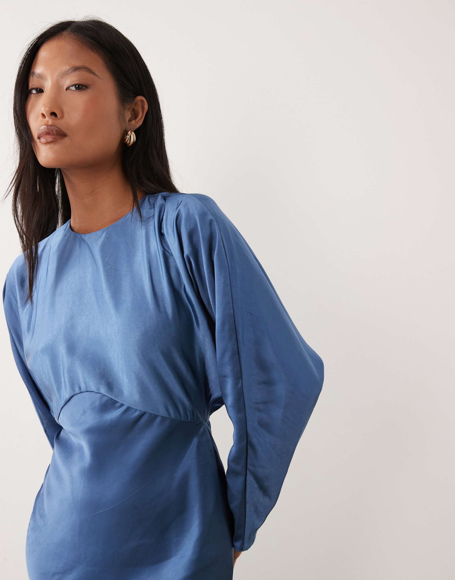 asos design petite satin batwing maxi dress in navy