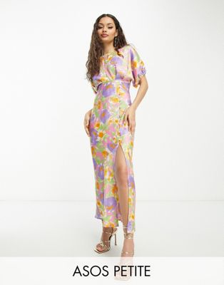 ASOS DESIGN Petite satin batwing midi dress with button side detail in floral print