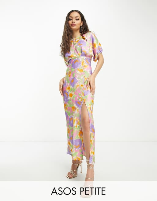 ASOS DESIGN Petite satin batwing midi dress with button side detail in floral print