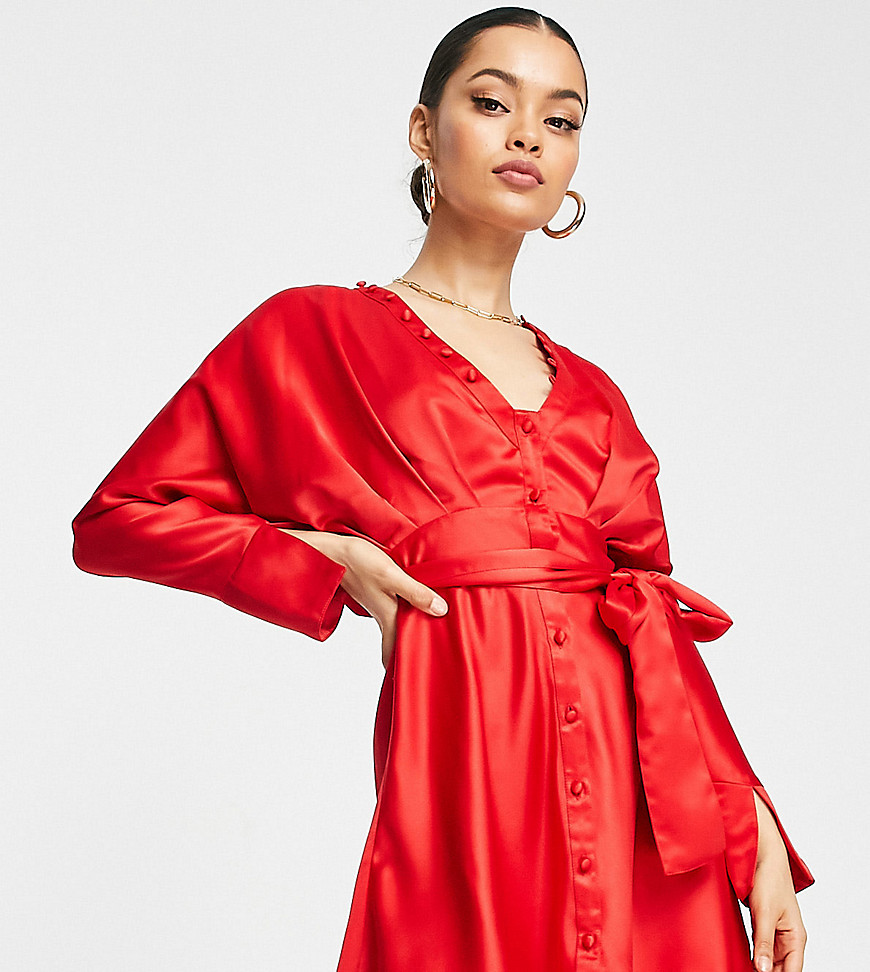 Asos Petite Asos Design Petite Satin Batwing Mini Dress With Button Detail And Tie Front In Red