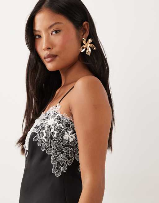 ASOS DESIGN Petite satin bias lace applique mini dress in mono, 3 of 4