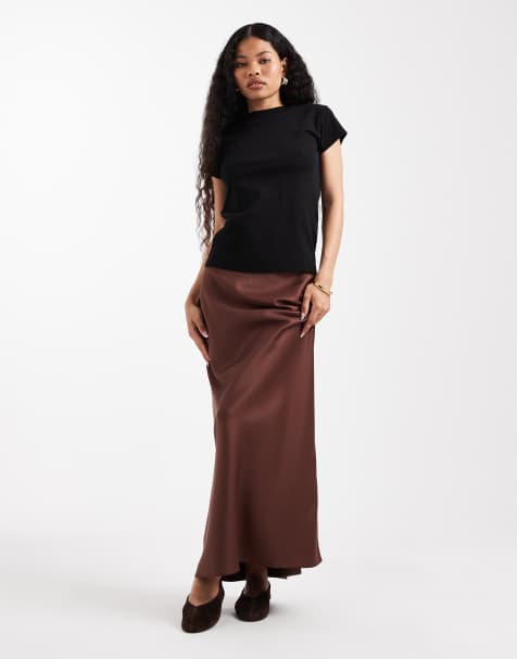 ASOS DESIGN Petite satin bias maxi skirt in dark brown - view 1