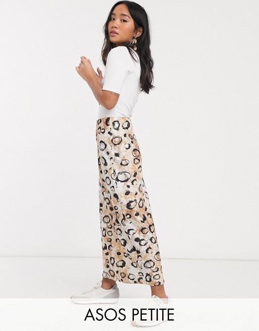 ASOS DESIGN Petite satin bias midi skirt in smudged leopard print