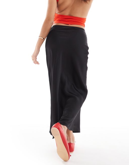 ASOS DESIGN Petite satin bias midi skirt in black ASOS